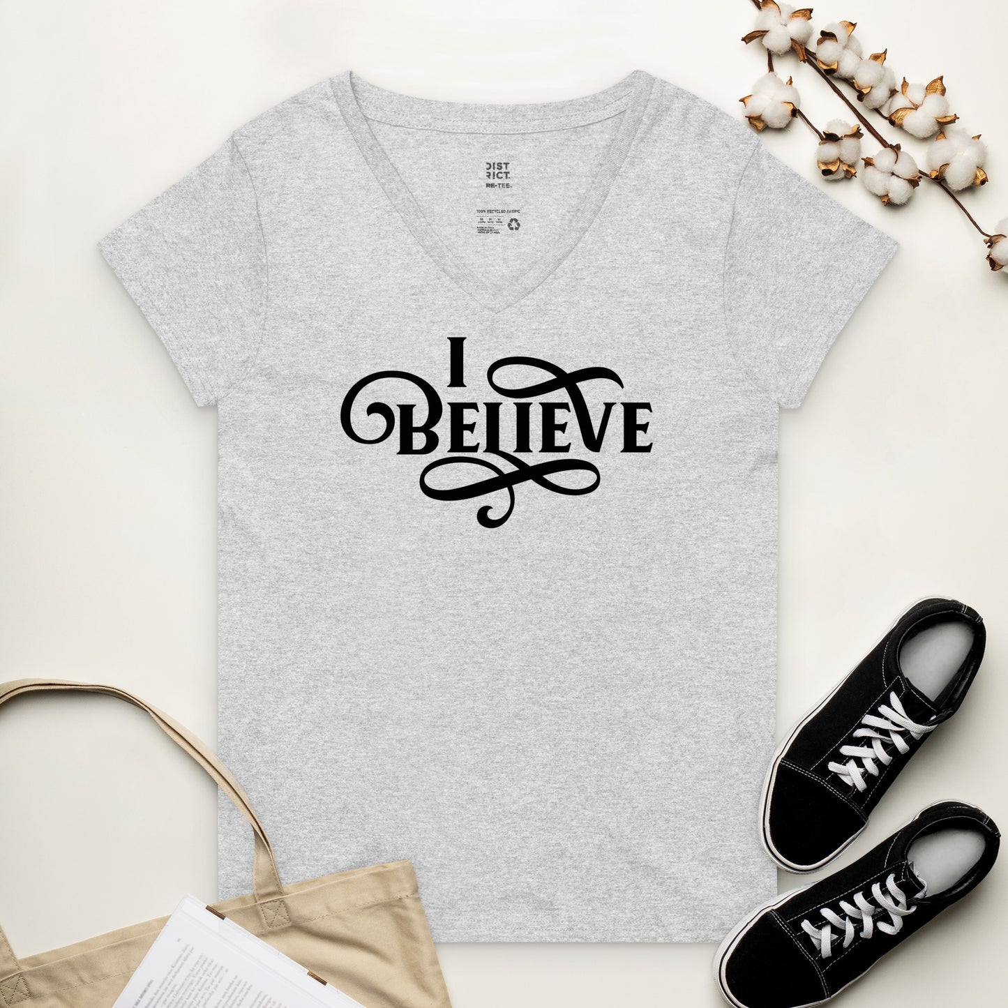 light heather gray I Believe Swirl Christian aesthetic Jesus believer V-neck t-shirt design printed in black on soft wide vneck tee for faith-based women, gift for her