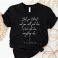 Soft quality black t-shirt with British writer Narnia author C.S. Lewis quote "Look for Christ and you will find him. And with him, everything else."  printed in white vintage script - Christian aesthetic unisex tee shirt design for women