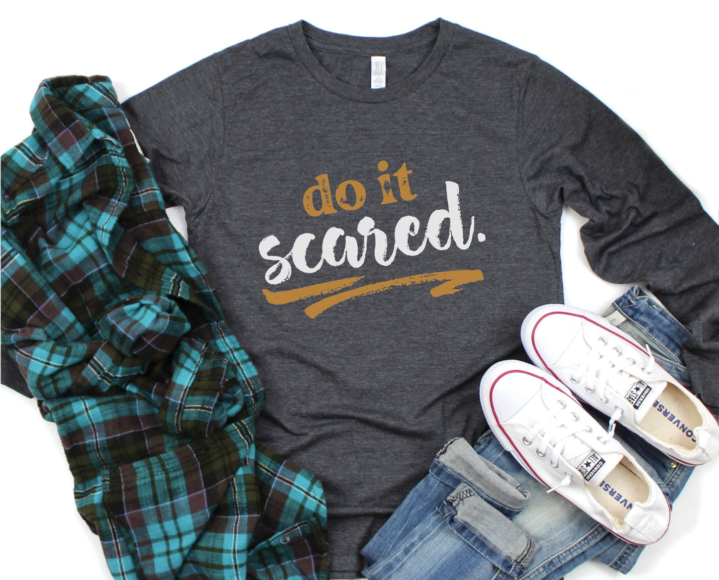 Do It Scared faith over fear 2 Timothy 1:7 do not fear bible verse Christian aesthetic design printed in white and gold on soft heather dark gray unisex long sleeve tee shirt for women and men