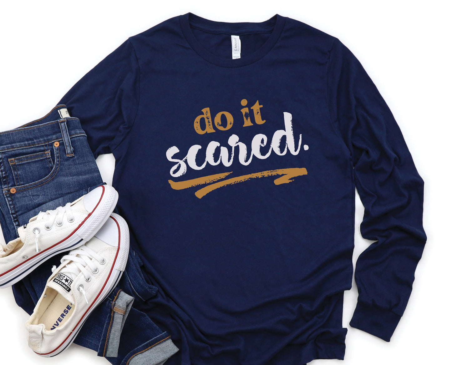 Do It Scared faith over fear 2 Timothy 1:7 do not fear bible verse Christian aesthetic design printed in white and gold on soft navy blue unisex long sleeve tee shirt for women and men