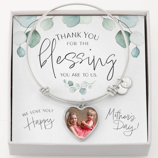 Personalized Photo Upload Heart Pendant Silver Bangle Bracelet Gift for Mother's Day with heartfelt message card that says "Thank you for the blessing you are to us. We Love You! Happy Mother's Day!" in gift box for mom, grandma, daughter, sister, aunt, Godmother, or yourself