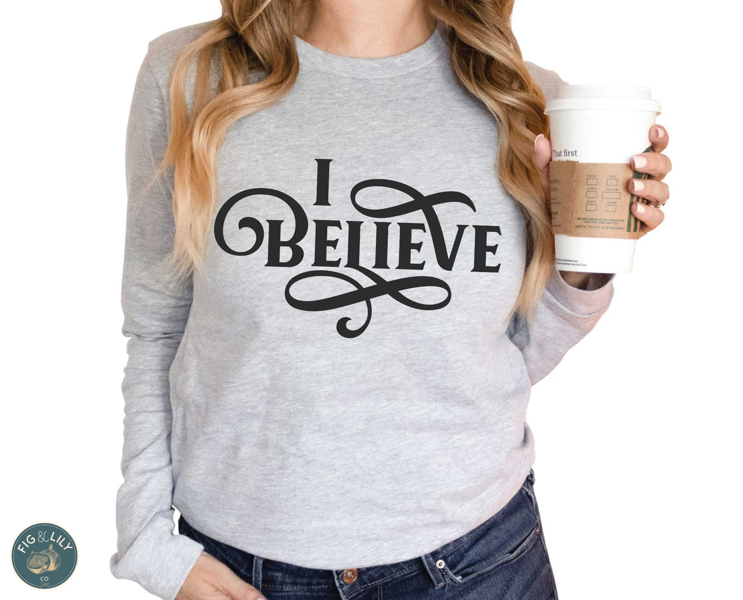 I Believe Swirl Christian aesthetic faith statement design printed in black on soft athletic heather gray long sleeve tee for women