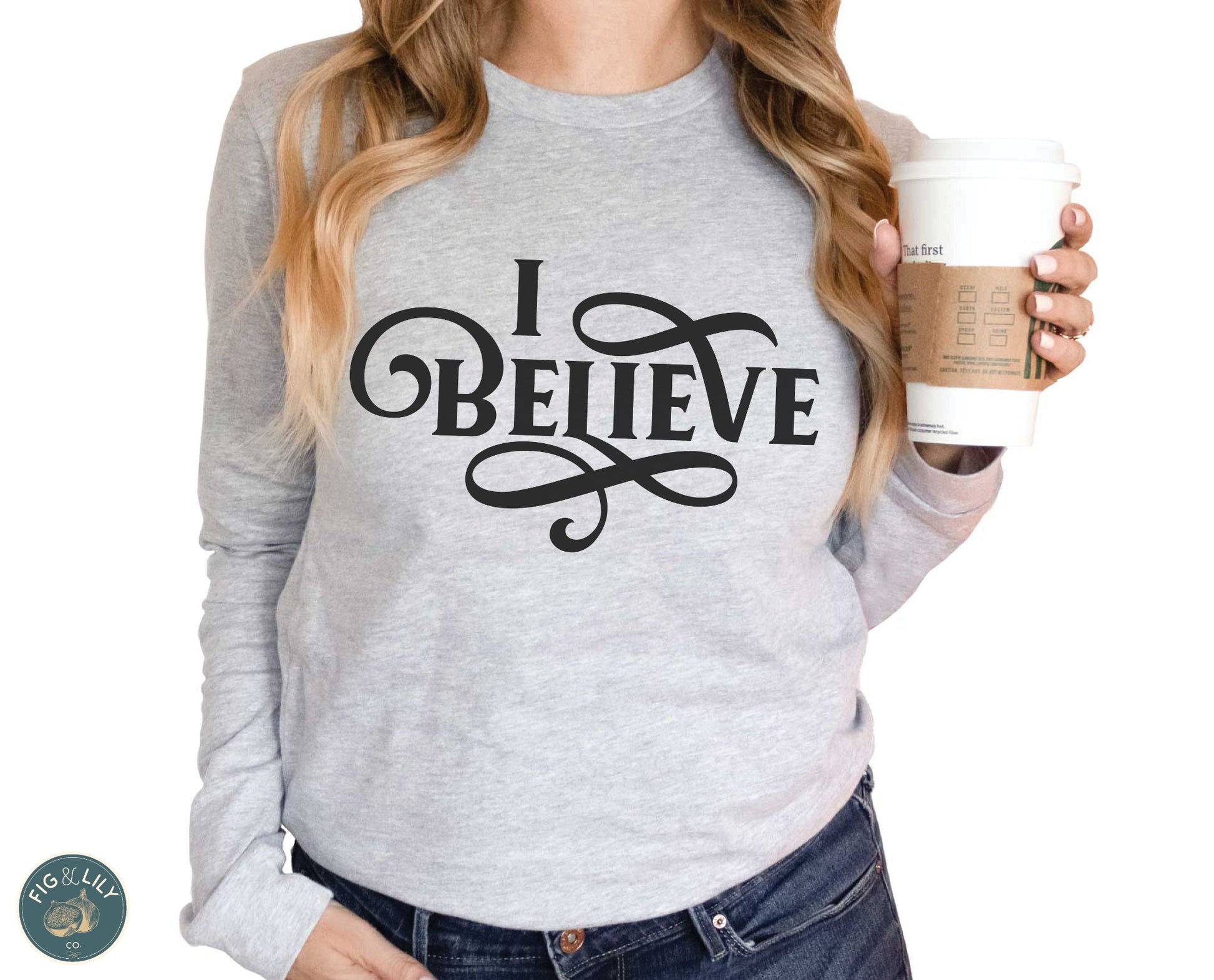 I Believe Swirl Christian aesthetic faith statement design printed in black on soft athletic heather gray long sleeve tee for women