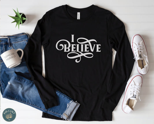 I Believe Swirl Christian aesthetic Jesus believer design printed in white on soft black long sleeve tee for women