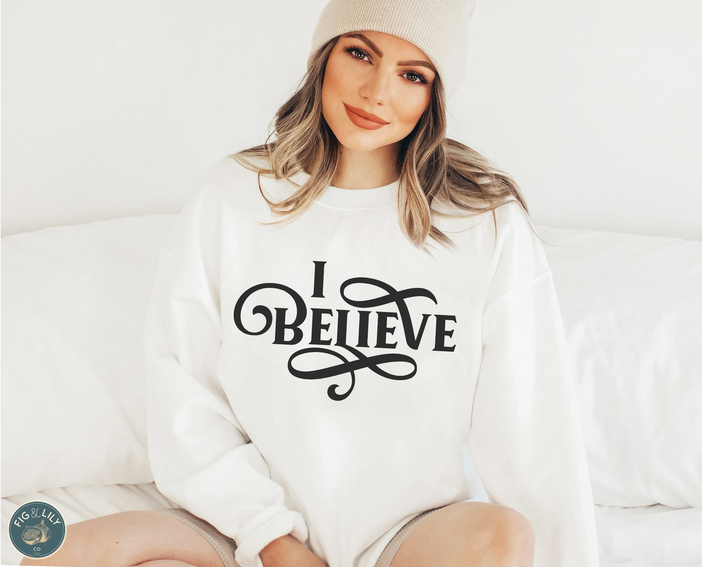 I Believe Swirl Christian aesthetic Jesus believer design printed in black on soft white unisex crewneck sweatshirt for women, great gift for her