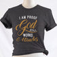 I am proof God still works miracles Christian aesthetic testimony design printed in white and gold on soft heather dark gray unisex t-shirt for women