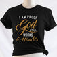 I am proof God still works miracles Christian aesthetic testimony design printed in white and gold on soft black unisex t-shirt for women