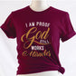 I am proof God still works miracles Christian aesthetic testimony design printed in white and gold on soft maroon unisex t-shirt for women