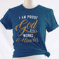 I am proof God still works miracles Christian aesthetic testimony design printed in white and gold on soft heather deep teal unisex t-shirt for women