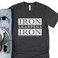 Iron Sharpens Iron Proverbs 27:17 Christian aesthetic block style design printed in white on soft heather dark gray unisex t-shirt for men's groups