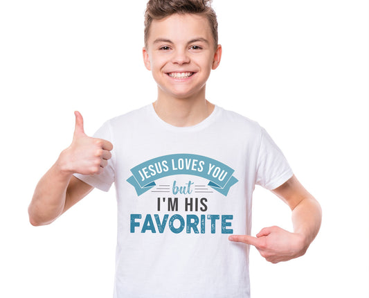 Jesus Loves You But I'm His Favorite funny Christian aesthetic youth size t-shirt printed in teal on soft white boys and girls kids tee