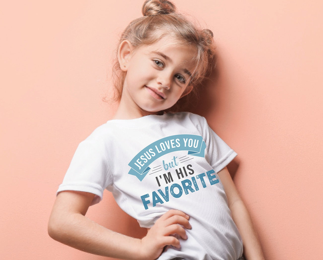 Jesus Loves You But I'm His Favorite funny Christian aesthetic youth size t-shirt printed in teal on soft white boys and girls kids tee