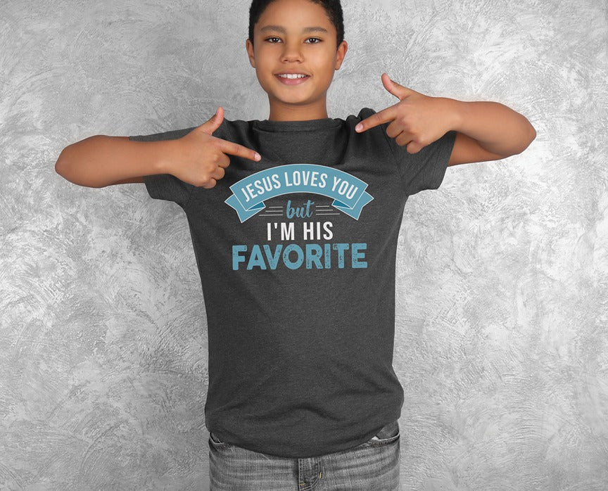Jesus Loves You But I'm His Favorite funny Christian aesthetic youth size t-shirt printed in teal on soft heather dark gray boys and girls kids tee