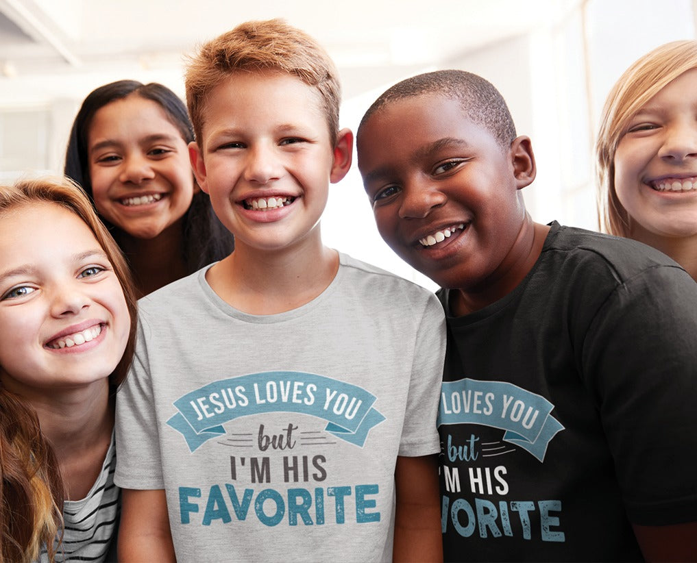 Jesus Loves You But I'm His Favorite funny Christian aesthetic youth size t-shirt printed in teal on soft heather gray and black boys and girls kids tee