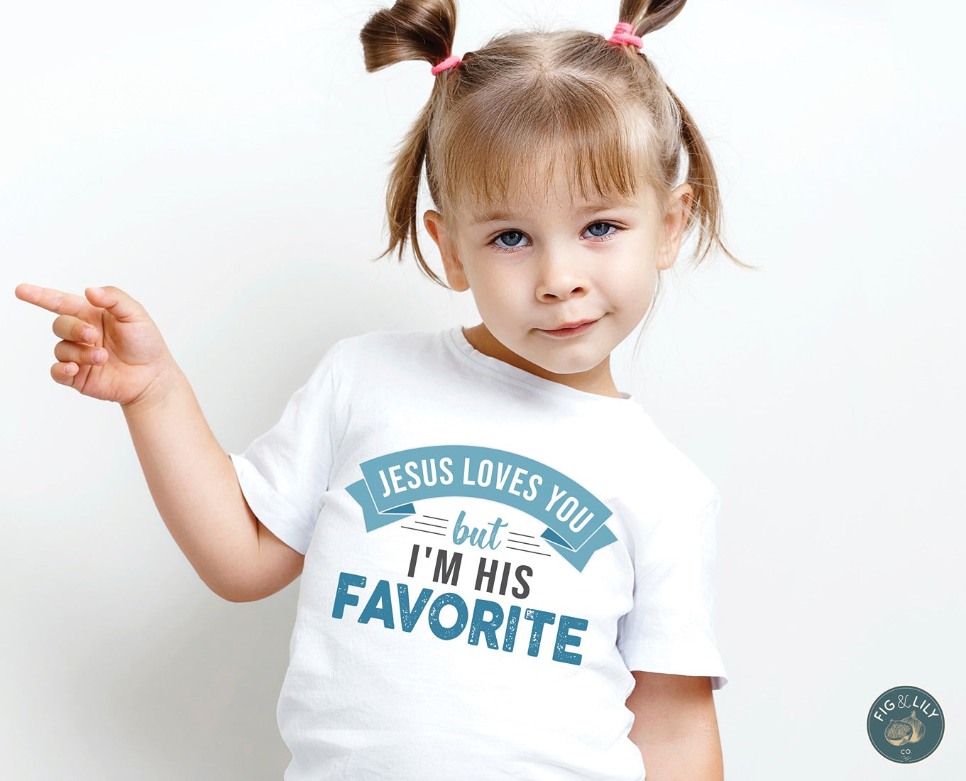 Toddler Jesus Loves You But I'm His Favorite funny Christian aesthetic child's size t-shirt printed in teal on soft white boys and girls kids tee