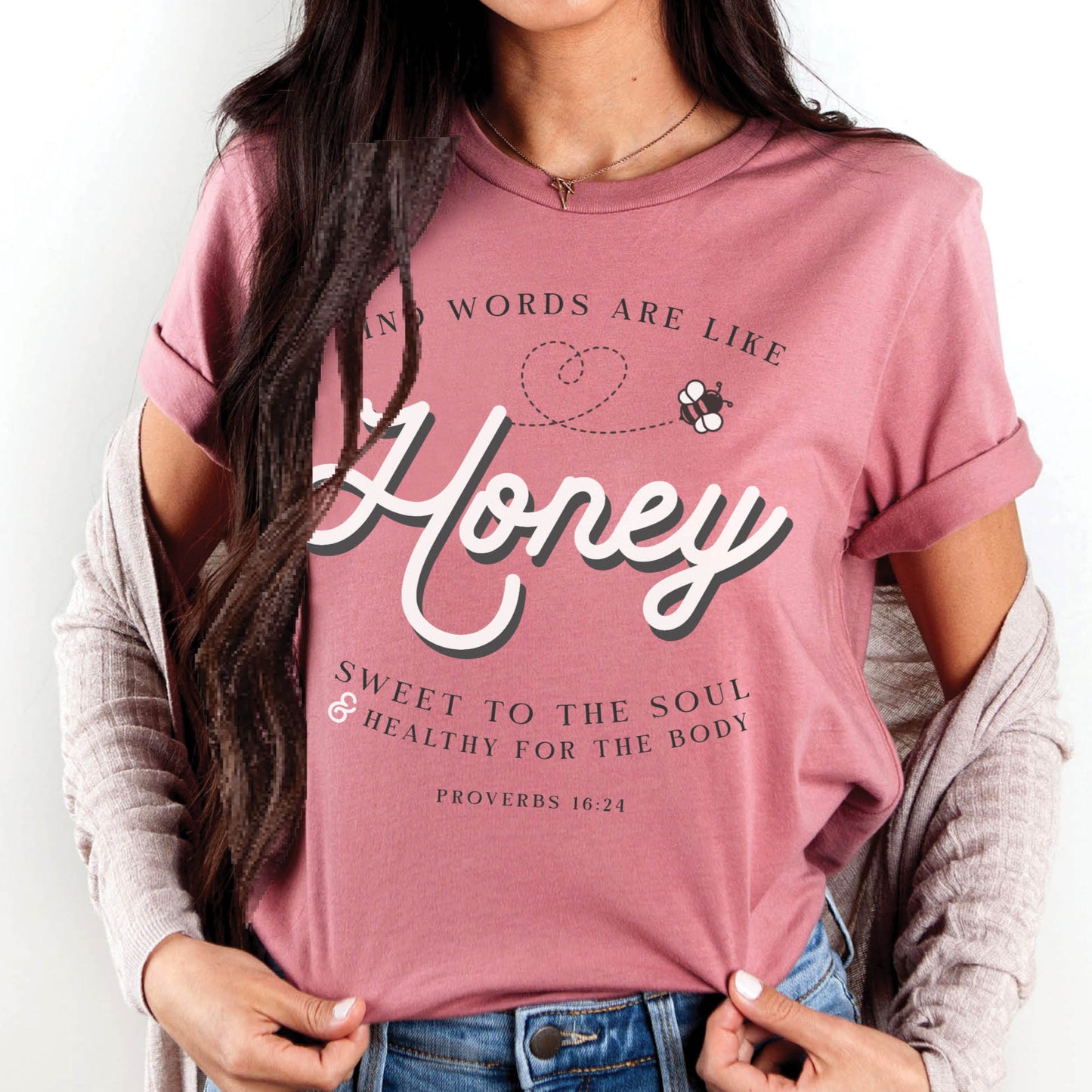 Mauve & gold Christian aesthetic unisex faith-based kindness bee t-shirt for women with Proverbs 16:24 bible verse quote that says, "Kind Words Are Like Honey, Sweet To the Soul, and Healthy For the Body"