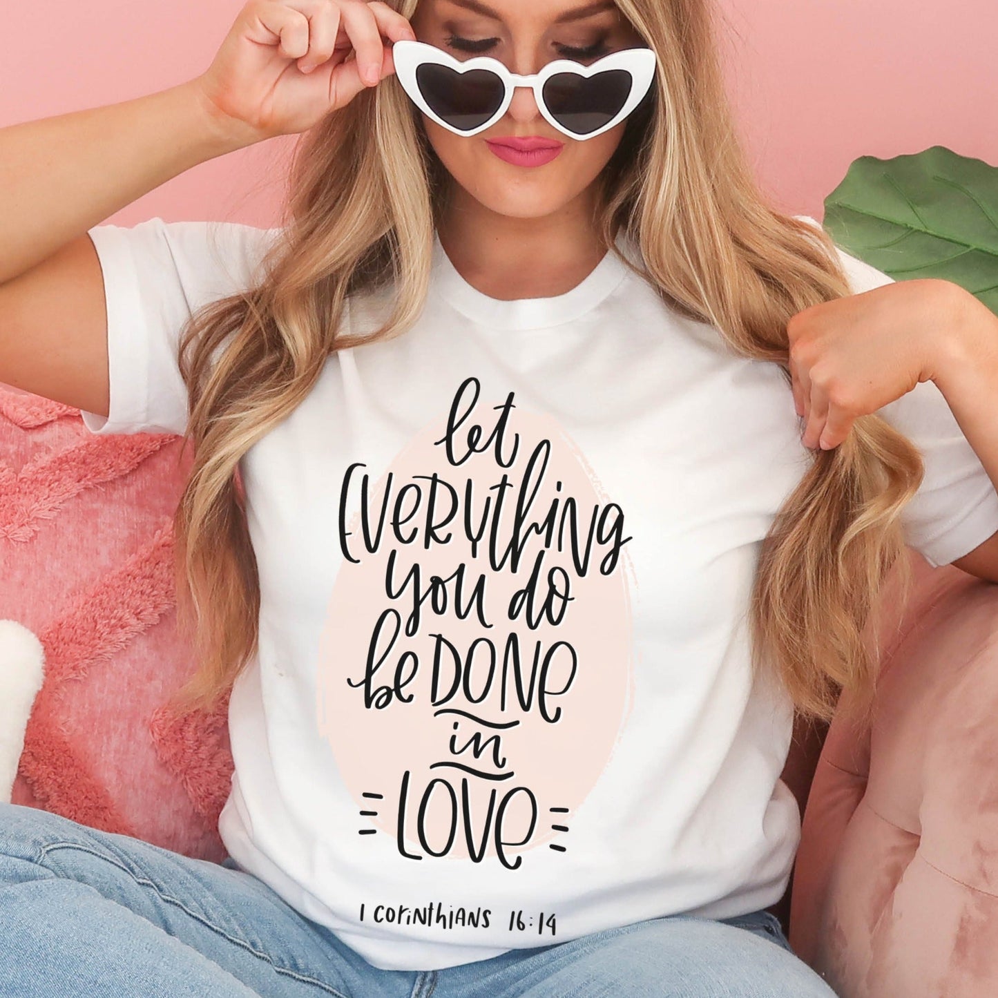 Soft quality white t-shirt with 1 Corinthians 16:14 Let Everything You Do Be Done In Love bible verse printed in blush pink and black - Christian aesthetic unisex tee shirt design for women