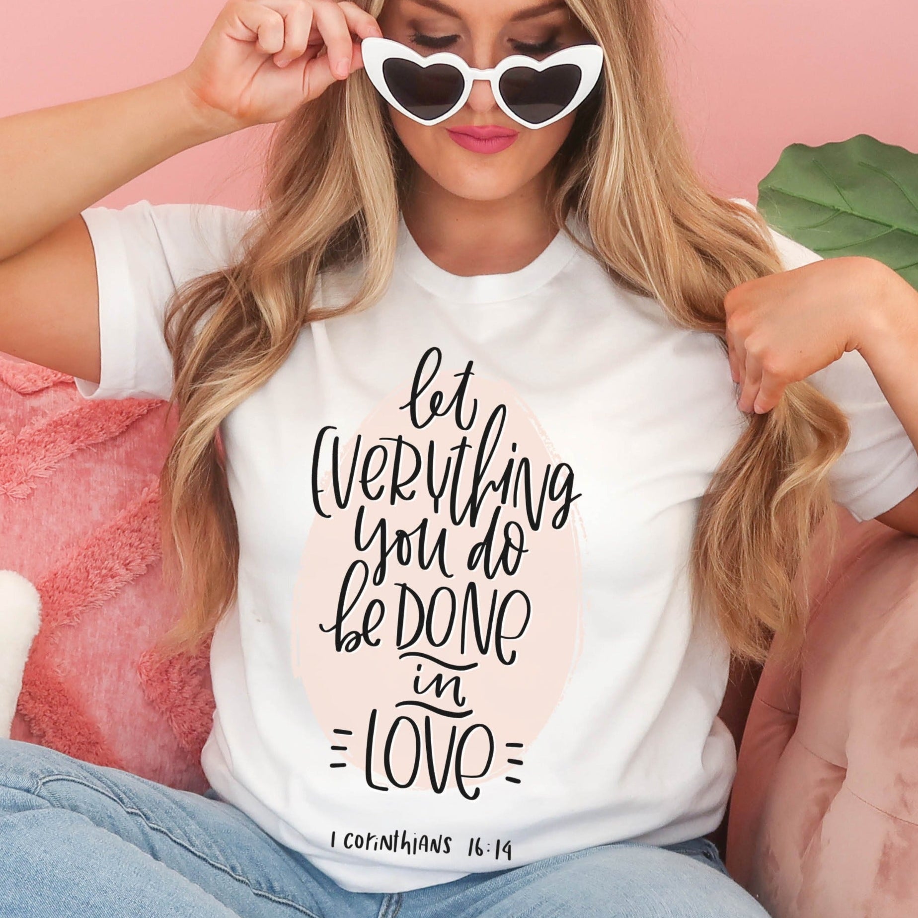 Soft quality white t-shirt with 1 Corinthians 16:14 Let Everything You Do Be Done In Love bible verse printed in blush pink and black - Christian aesthetic unisex tee shirt design for women