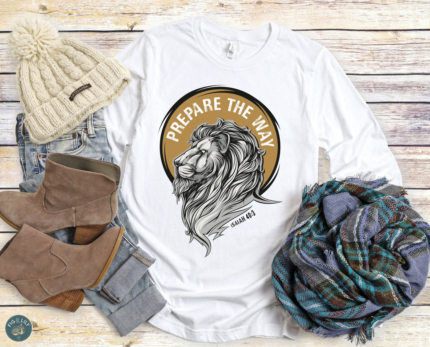 Lion of Judah Prepare the Way Isaiah 40:3 Christian aesthetic design printed in black and gold on soft heather white long sleeve tee for men & women