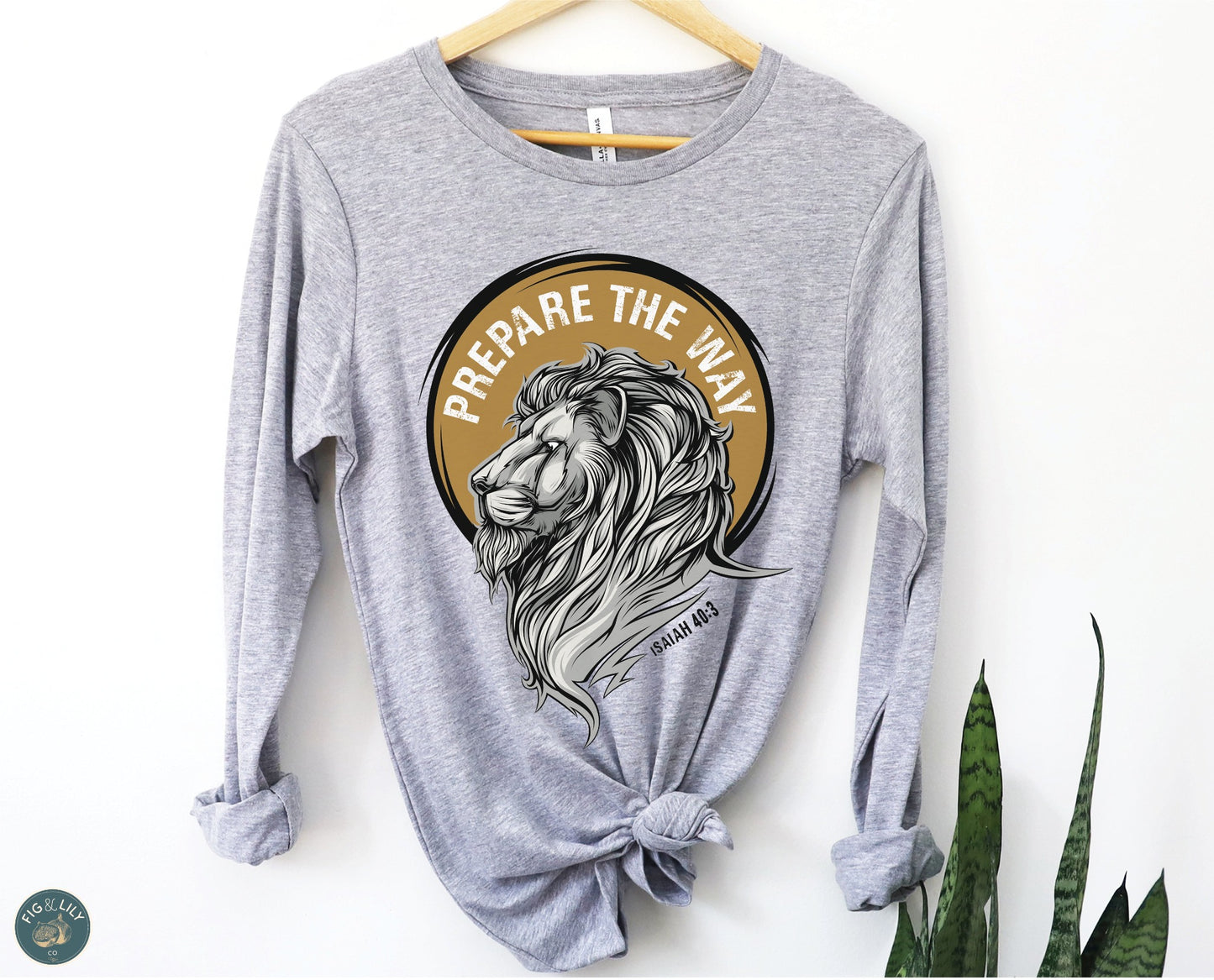 Lion of Judah Prepare the Way Isaiah 40:3 Christian aesthetic design printed in black and gold on soft heather heather gray long sleeve tee for men & women