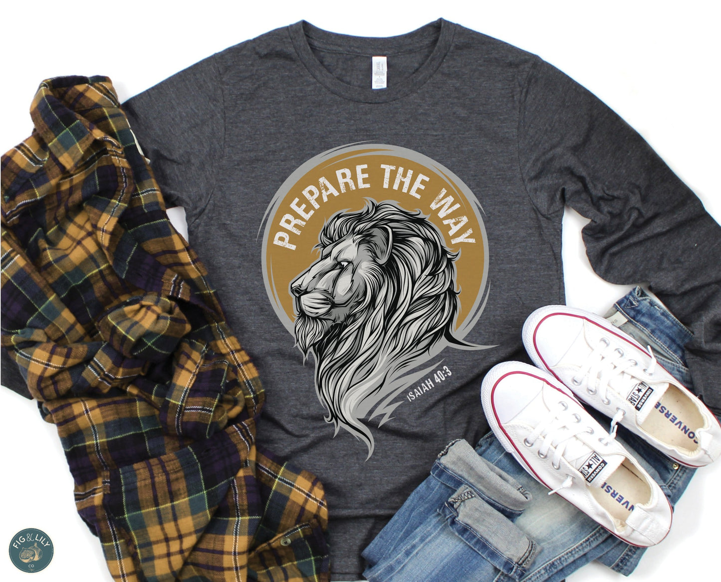 Lion of Judah Prepare the Way Isaiah 40:3 Christian aesthetic design printed in white and gold on soft heather dark gray long sleeve tee for men & women