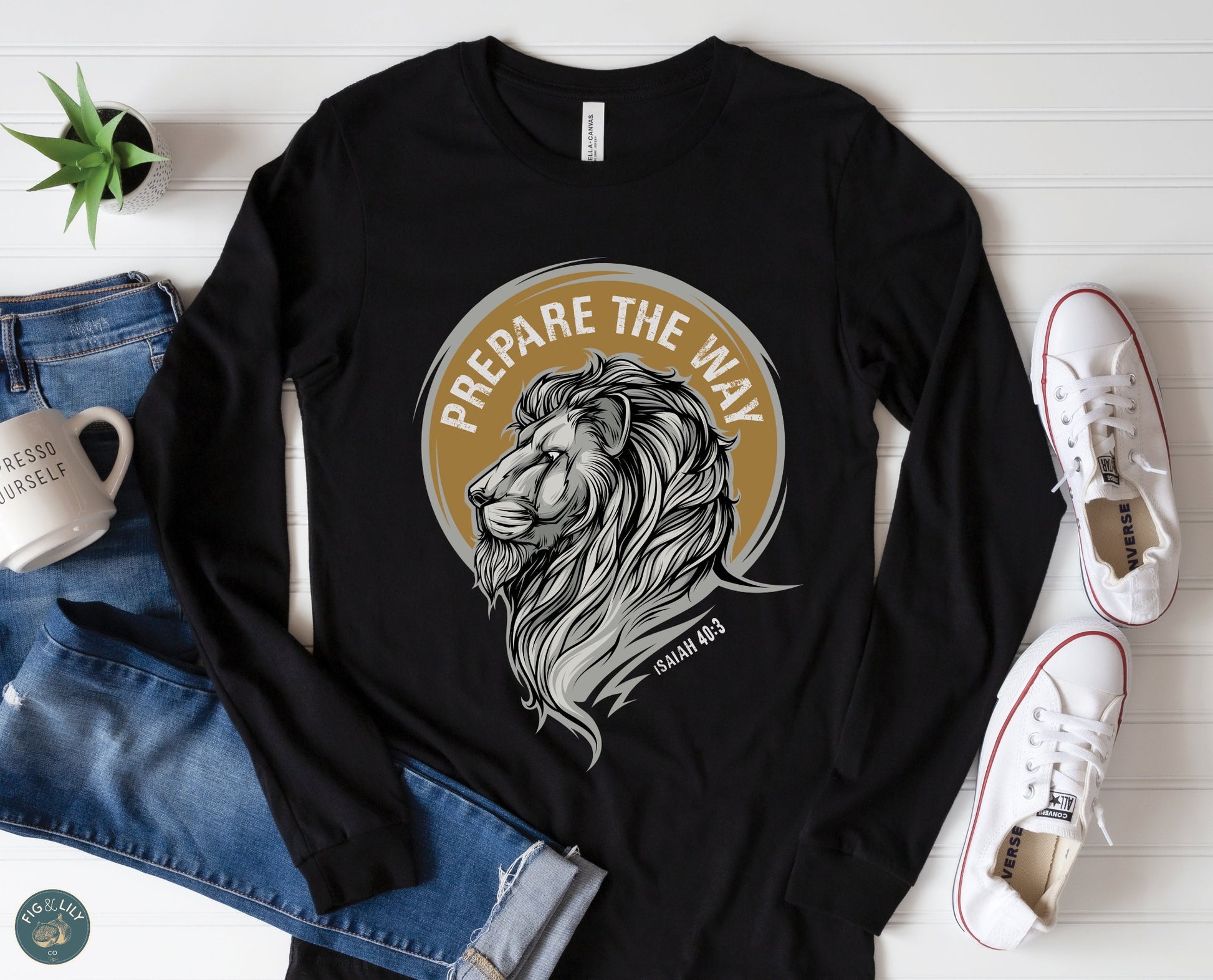 Lion of Judah Prepare the Way Isaiah 40:3 Christian aesthetic design printed in white and gold on black soft long sleeve tee for men & women