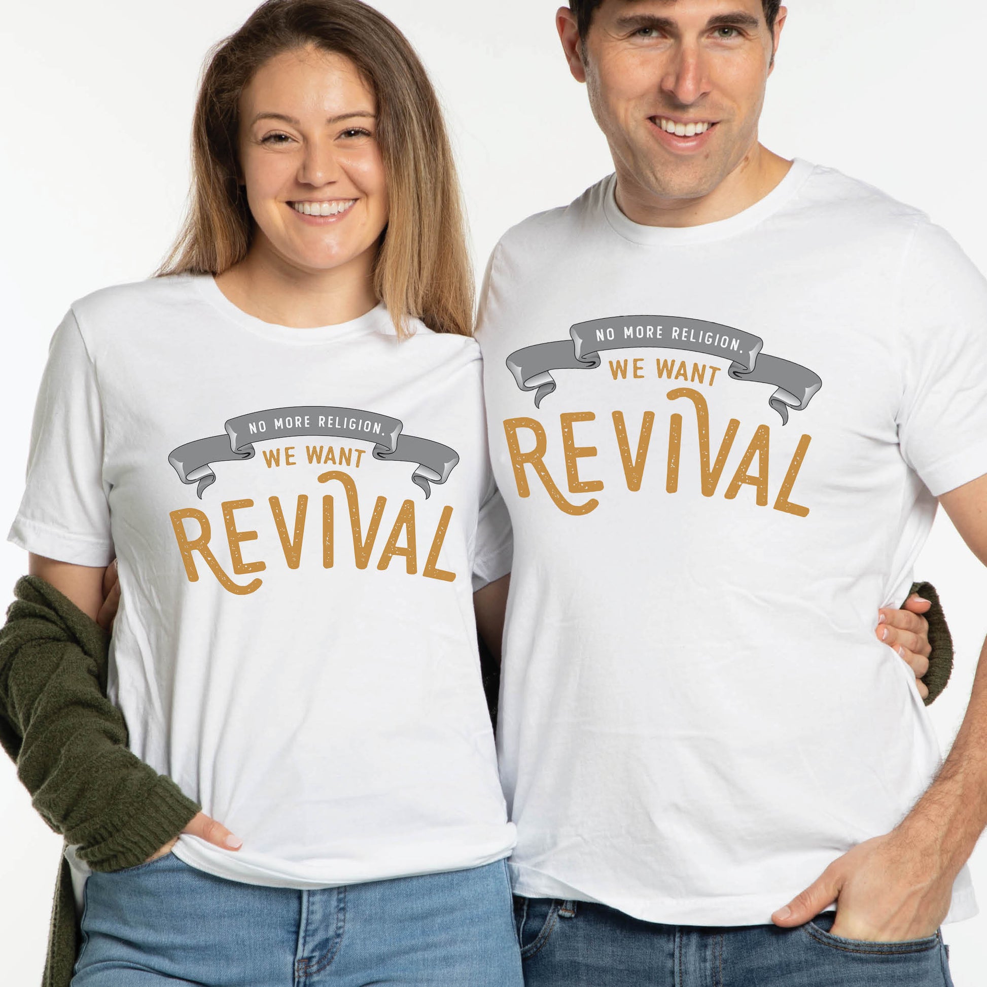 White Christian aesthetic soft Unisex T-shirt that says, No More Religion We Want Revival printed in gold and black, church gift Jesus couple graphic tees designed for men and women