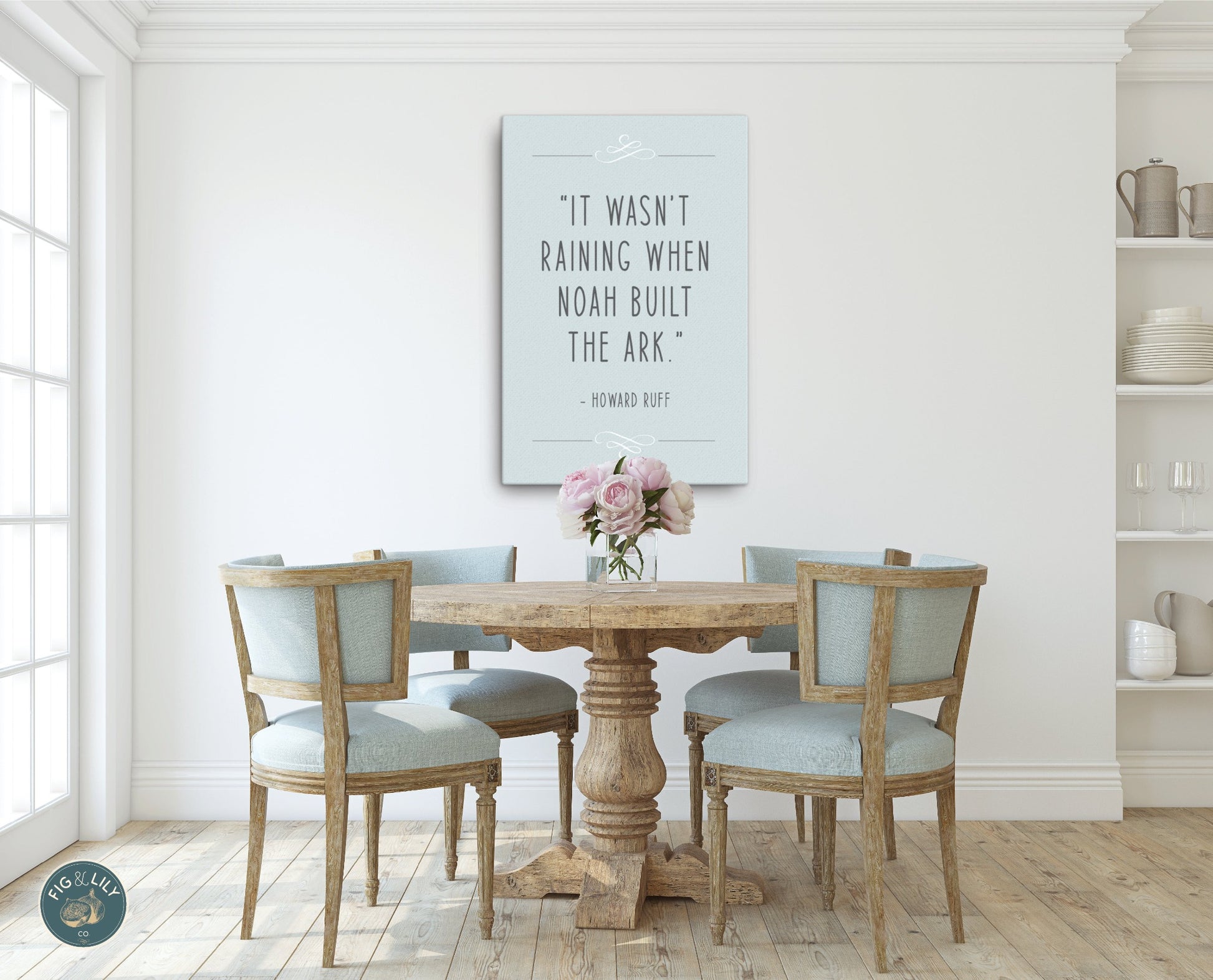 It wasn’t raining when Noah built the Ark Howard Ruff Quote dusty blue Christian aesthetic God provides prepare wall art decor canvas for home or financial insurance office