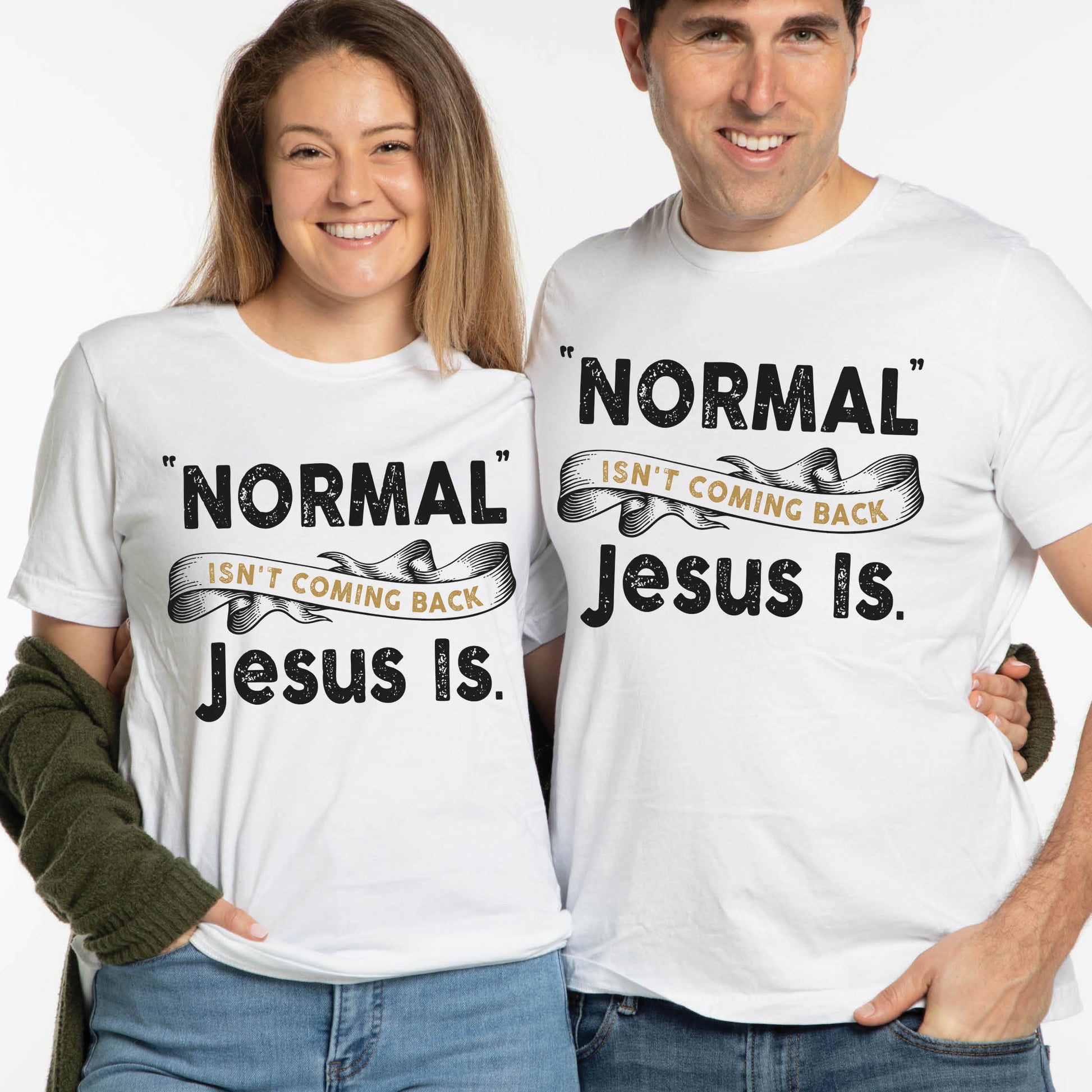 White Bella Canvas Christian Revival aesthetic unisex T-Shirt that says, Normal Isn't Coming Back, Jesus Is printed in black and gold, Jesus church graphic tees gift designed for men and women couples