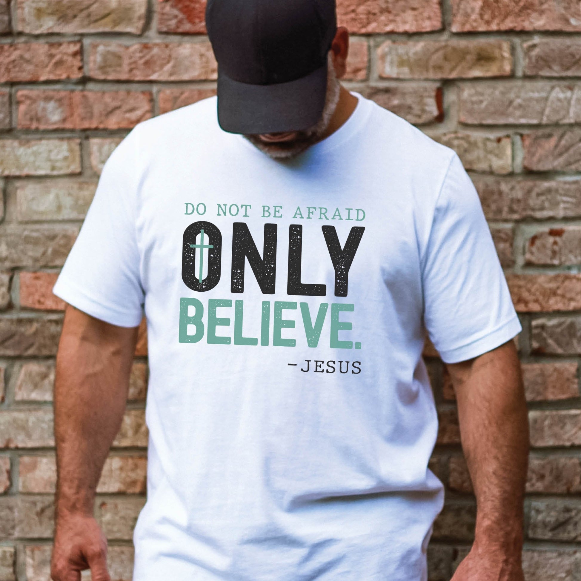 Do Not Be Afraid, Only Believe, Jesus Quote Christian aesthetic Mark 5:36 healing miracle bible verse textured black and teal wording printed on soft white unisex t-shirt for men and women