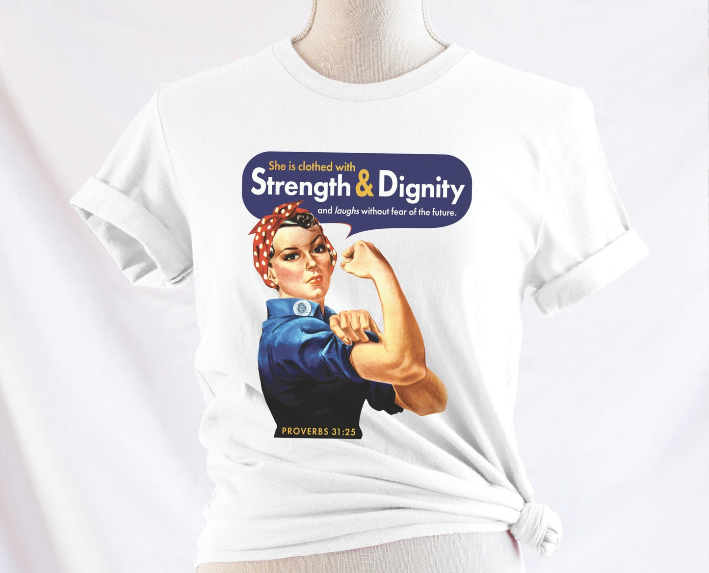 Rosie the Riveter Proverbs 31 Woman Christian aesthetic vintage polka dot head scarf design printed in white gold and navy blue on soft white t-shirt for women