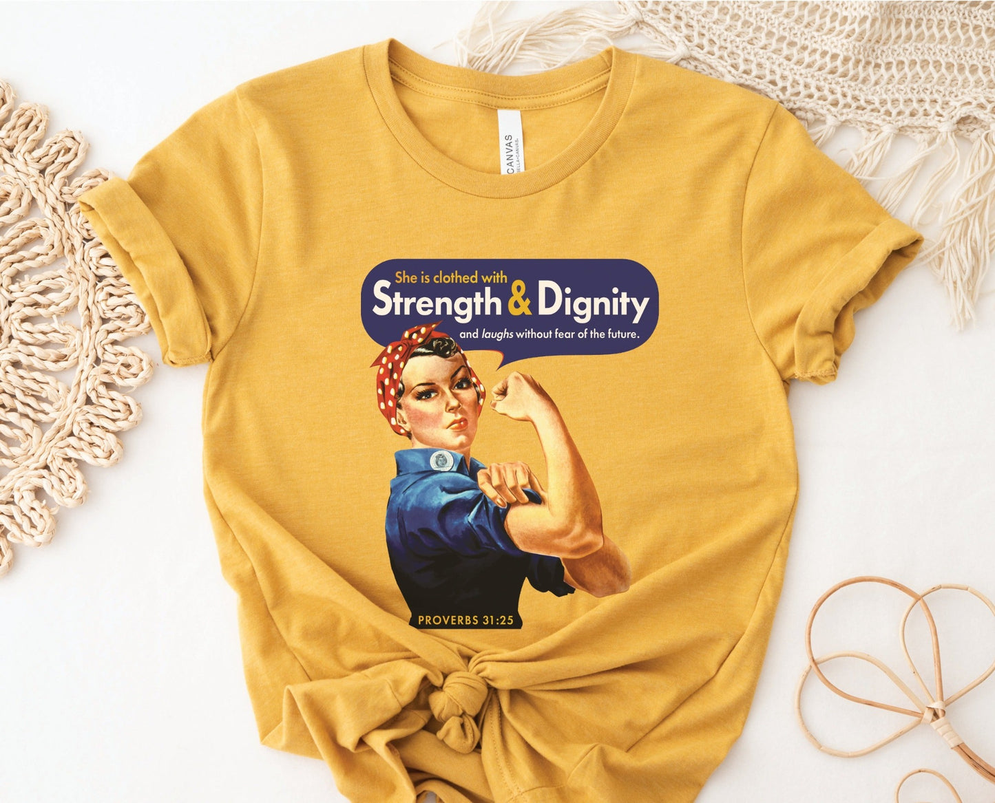 Rosie the Riveter Proverbs 31 Woman Christian aesthetic vintage polka dot head scarf design printed in white gold and navy blue on soft mustard yellow t-shirt for women