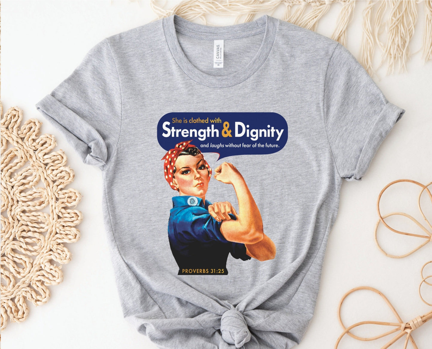 Rosie the Riveter Proverbs 31 Woman Christian aesthetic vintage polka dot head scarf design printed in white gold and navy blue on soft heather gray t-shirt for women