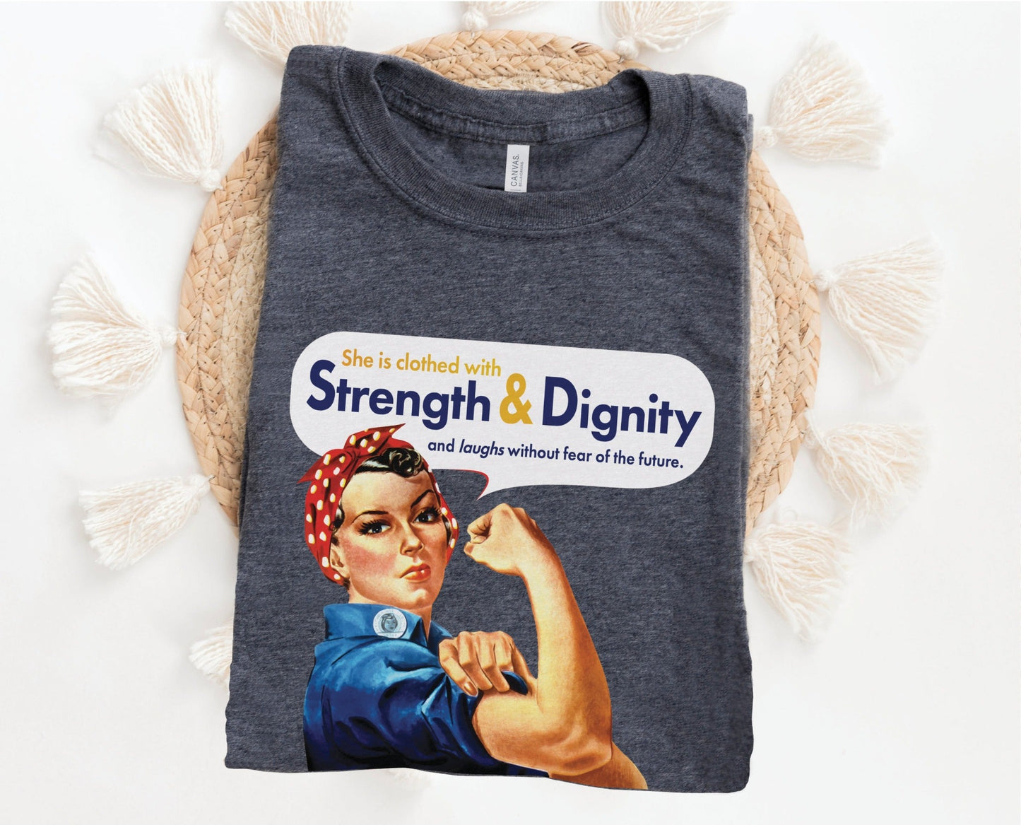 Rosie the Riveter Proverbs 31 Woman Christian aesthetic vintage polka dot head scarf design printed in white gold and navy blue on soft heather dark gray t-shirt for women
