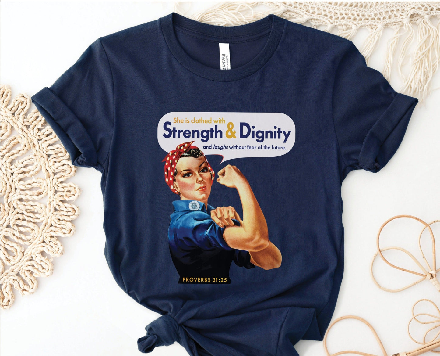 Rosie the Riveter Proverbs 31 Woman Christian aesthetic vintage polka dot head scarf design printed in white gold and red on soft navy blue t-shirt for women