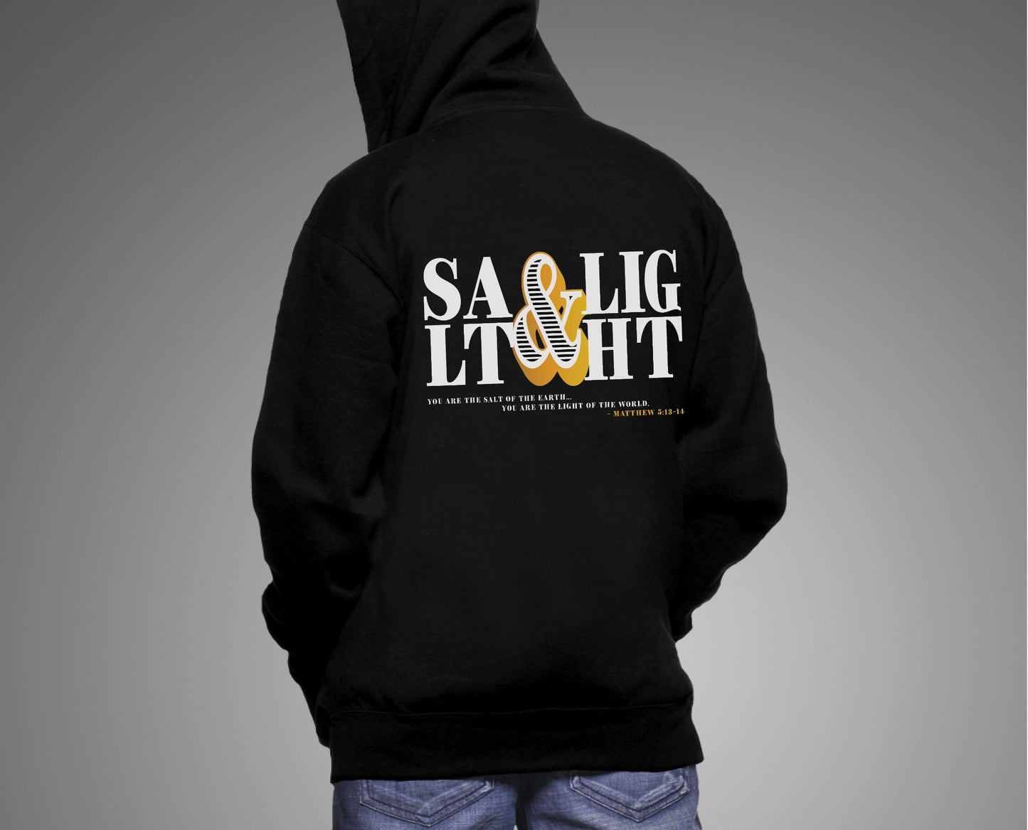 Retro Stacked Salt And Light Matthew 5 Christian bible verse design printed on front and back in white and gold on cozy black unisex hoodie for men and women