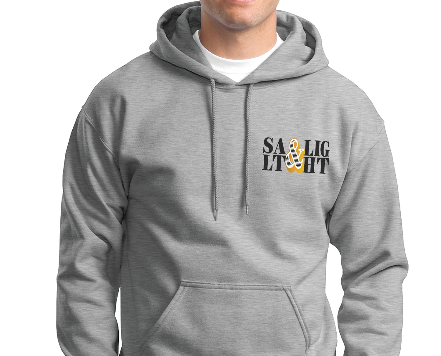 Retro Stacked Salt And Light Matthew 5 Christian bible verse design printed on front and back in black and gold on cozy heather gray unisex hoodie for men and women
