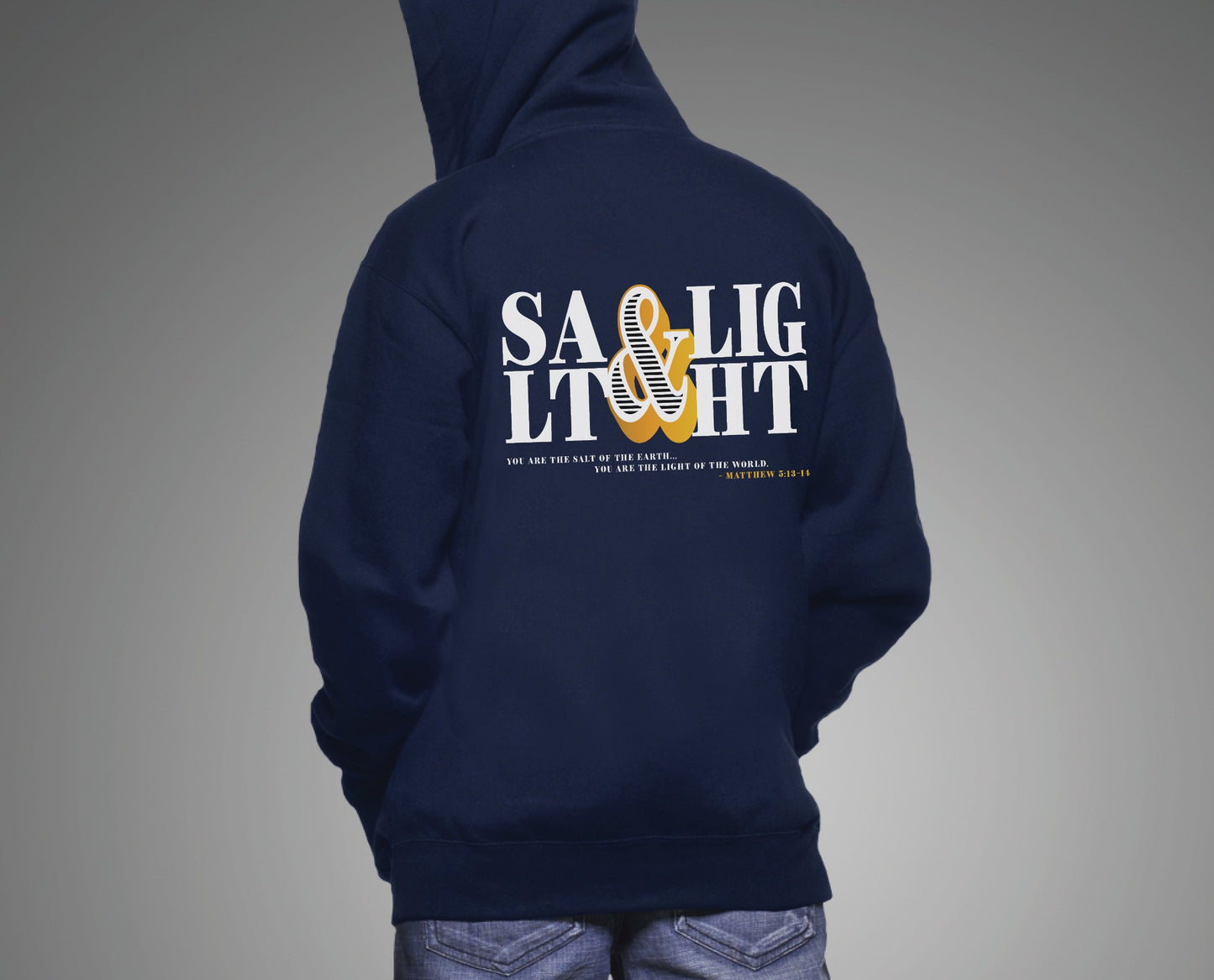 Retro Stacked Salt And Light Matthew 5 Christian bible verse design printed on front and back in white and gold on navy blue cozy unisex hoodie for men and women