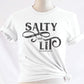 Salty And Lit Matthew 5:13-14 bible verse funny Christian T-Shirt design printed in charcoal gray on soft white tee for women