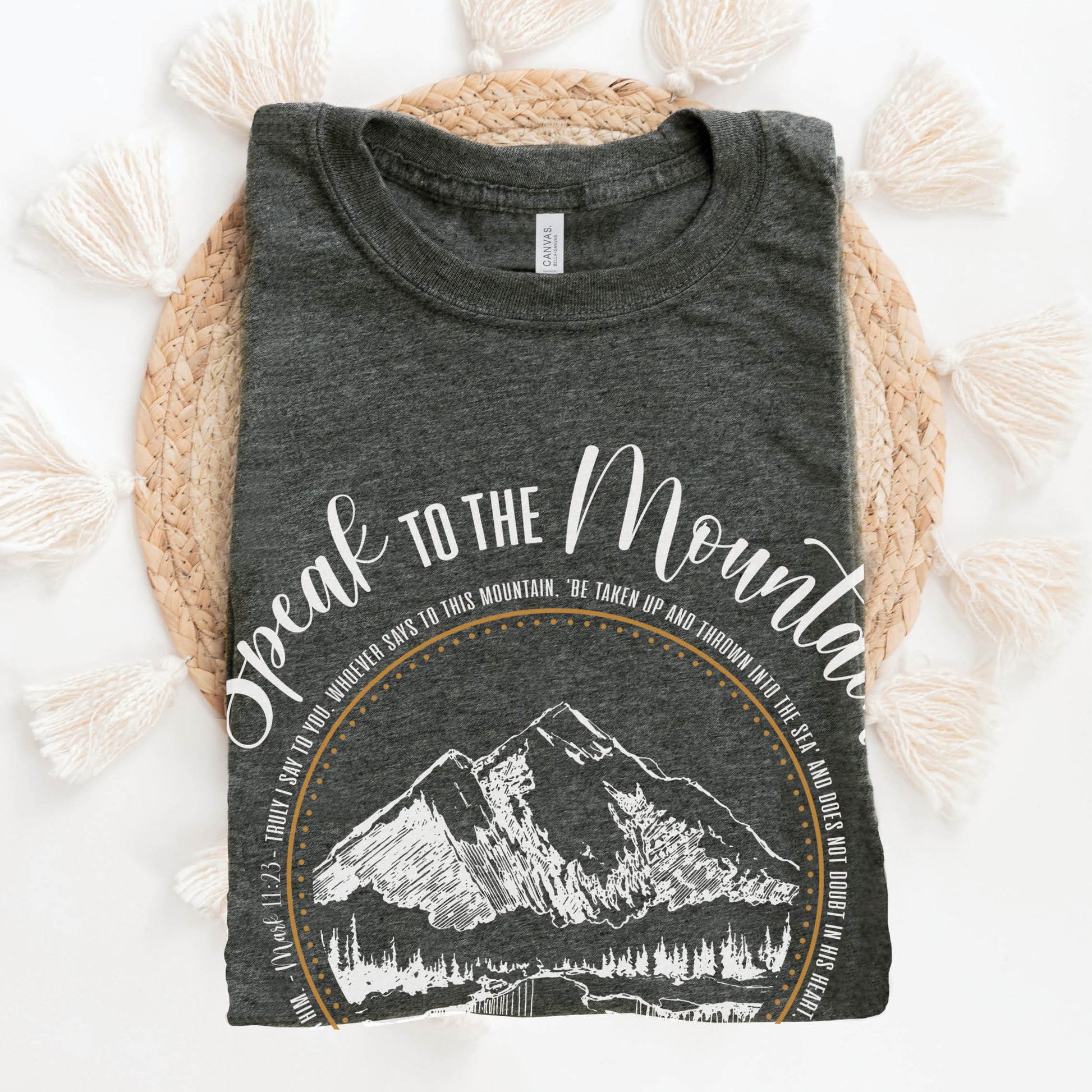 Heather Dark Gray Speak to the Mountain Christian unisex graphic t-shirt with Mark 11:23 Whosoever Believes scripture faith-based tee, designed for women