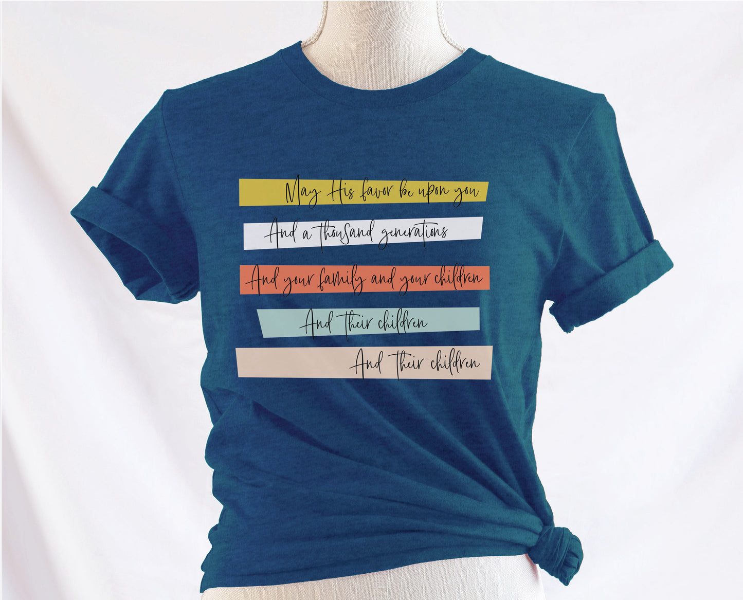 May His Favor Be Upon You and a thousand generations The Family and children Blessing Christian aesthetic 5 bars design printed on soft heather deep teal t-shirt for women