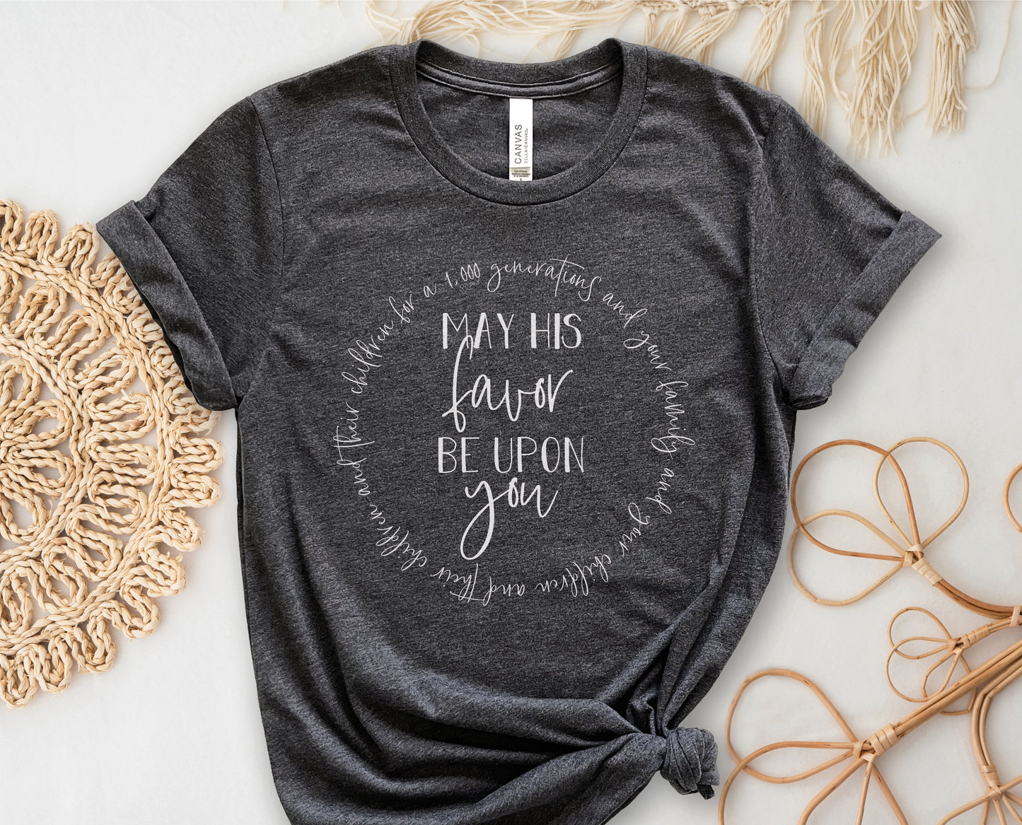 May His Favor Be Upon family & children Numbers 6 The Blessing Christian aesthetic circle design printed in white on soft heather dark gray t-shirt for women