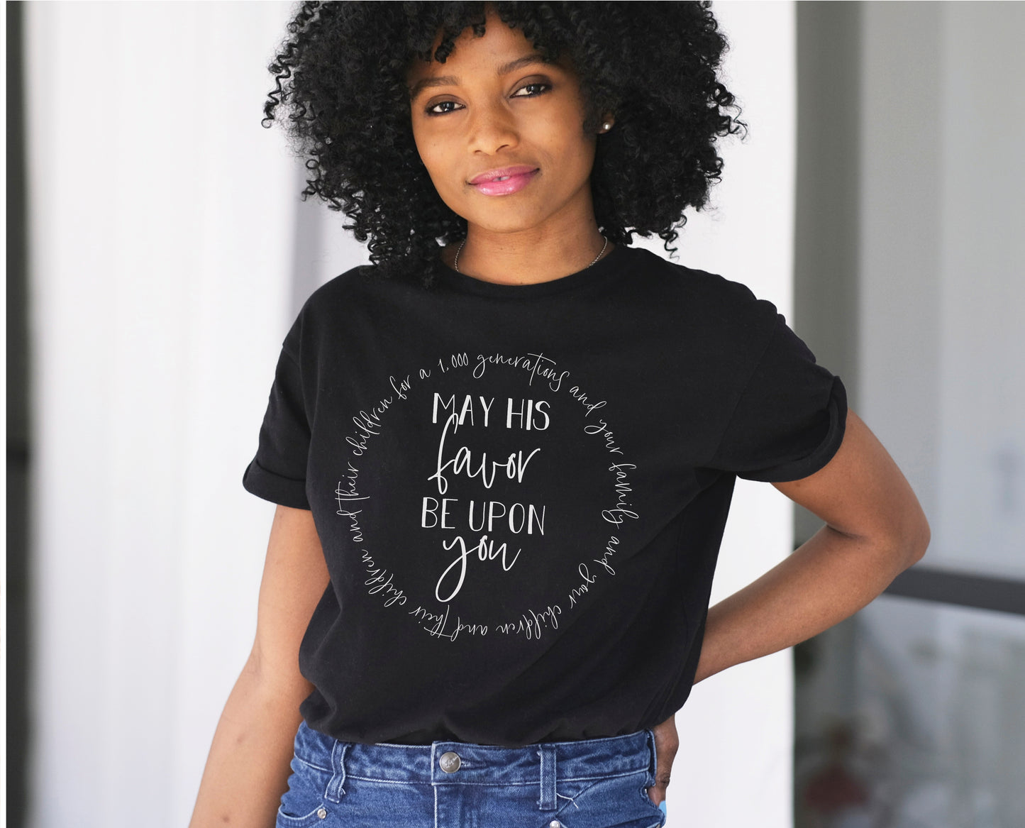 May His Favor Be Upon family & children Numbers 6 The Blessing Christian aesthetic circle design printed in white on soft black t-shirt for women