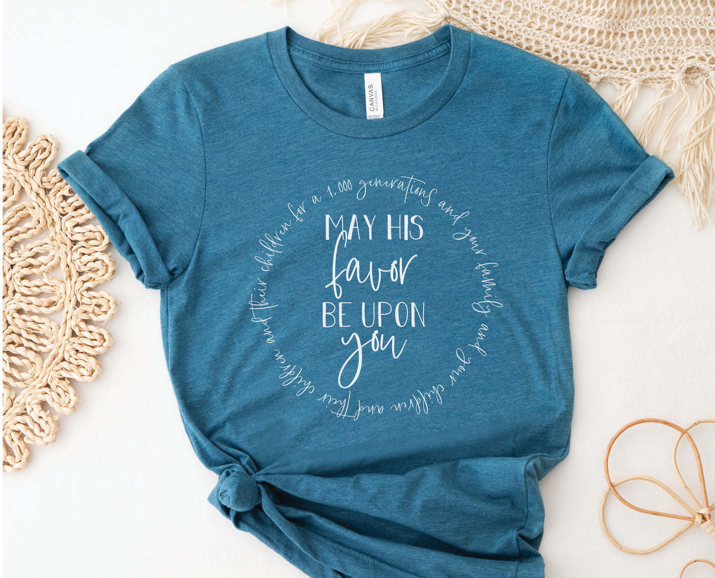 May His Favor Be Upon family & children Numbers 6 The Blessing Christian aesthetic circle design printed on soft heather deep teal t-shirt for women