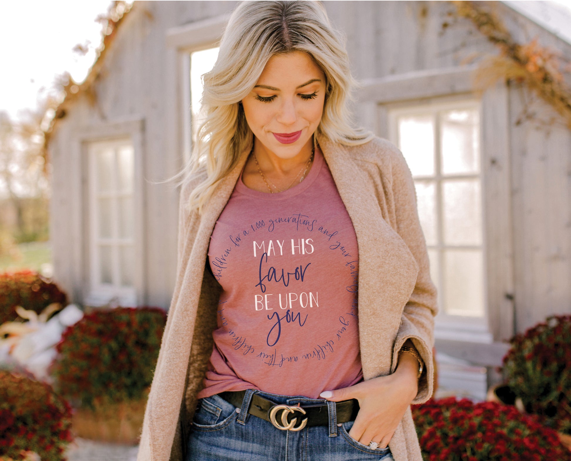 May His Favor Be Upon family & children Numbers 6 The Blessing Christian aesthetic circle design printed on soft mauve t-shirt for women