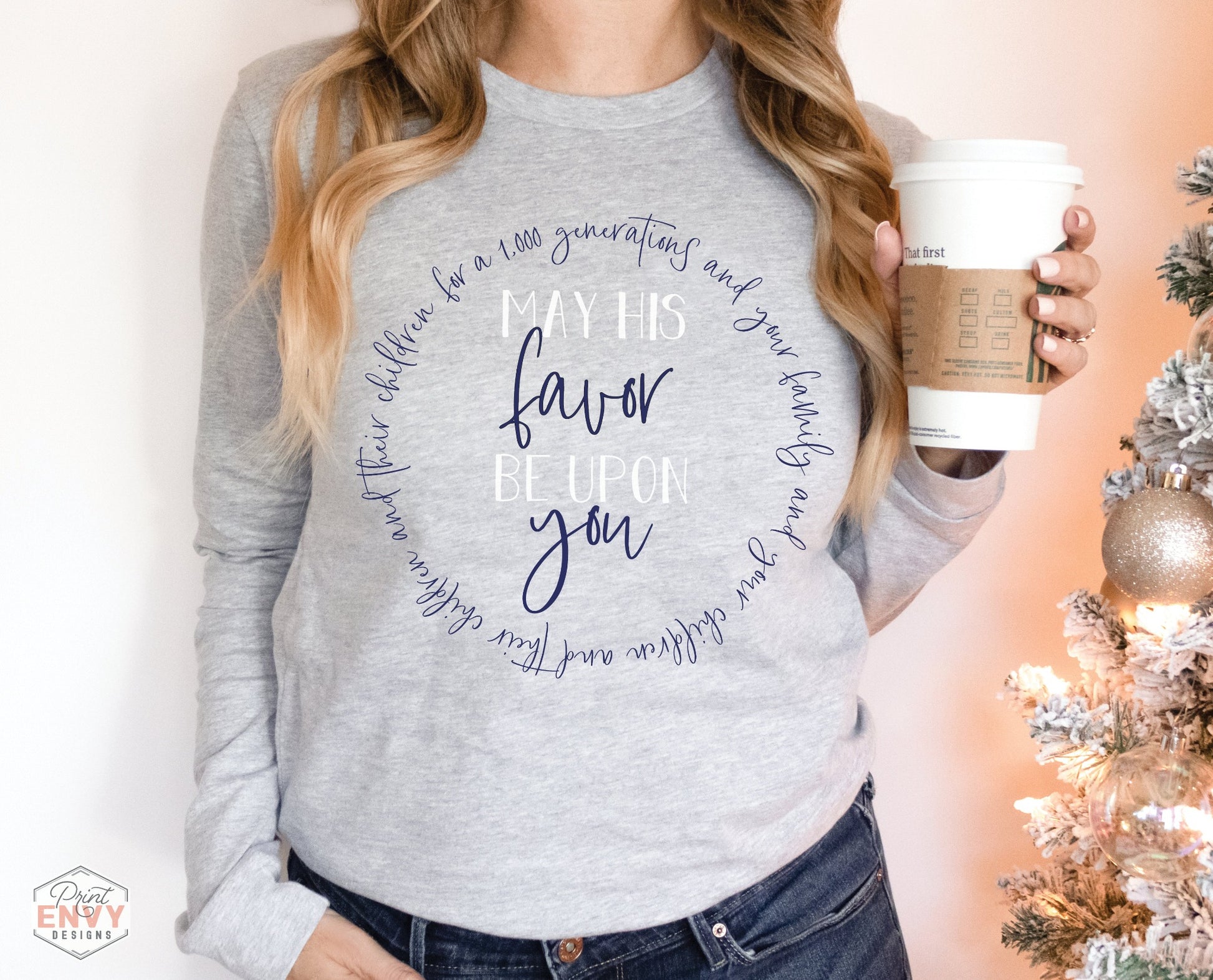 May His Favor Be Upon You Numbers 6 Blessing Christian aesthetic design printed in navy and white on soft heather gray long sleeve tee for women