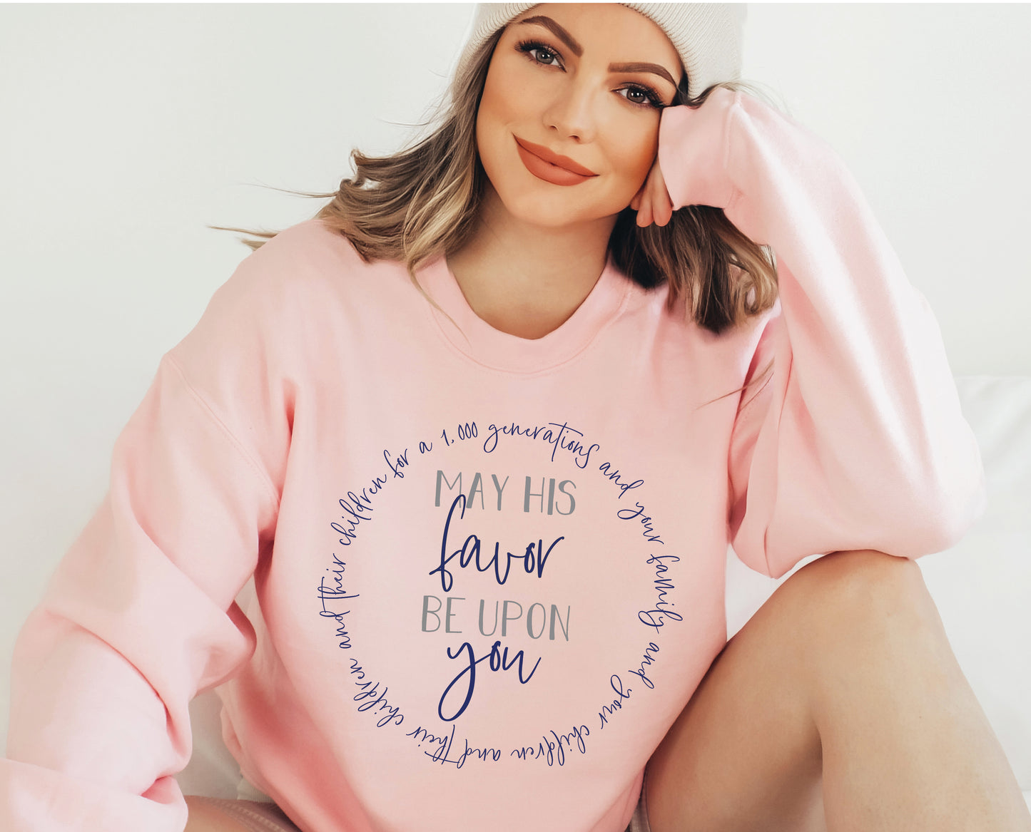 May His Favor Be Upon You family & children Numbers 6 The Blessing Christian aesthetic circle design printed on cozy light pink unisex crewneck shirt for women
