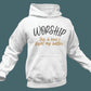 Worship This Is How I Fight My Battles Christian aesthetic design printed in charcoal and gold on cozy white unisex hoodie for women and men, great gift for worship leaders