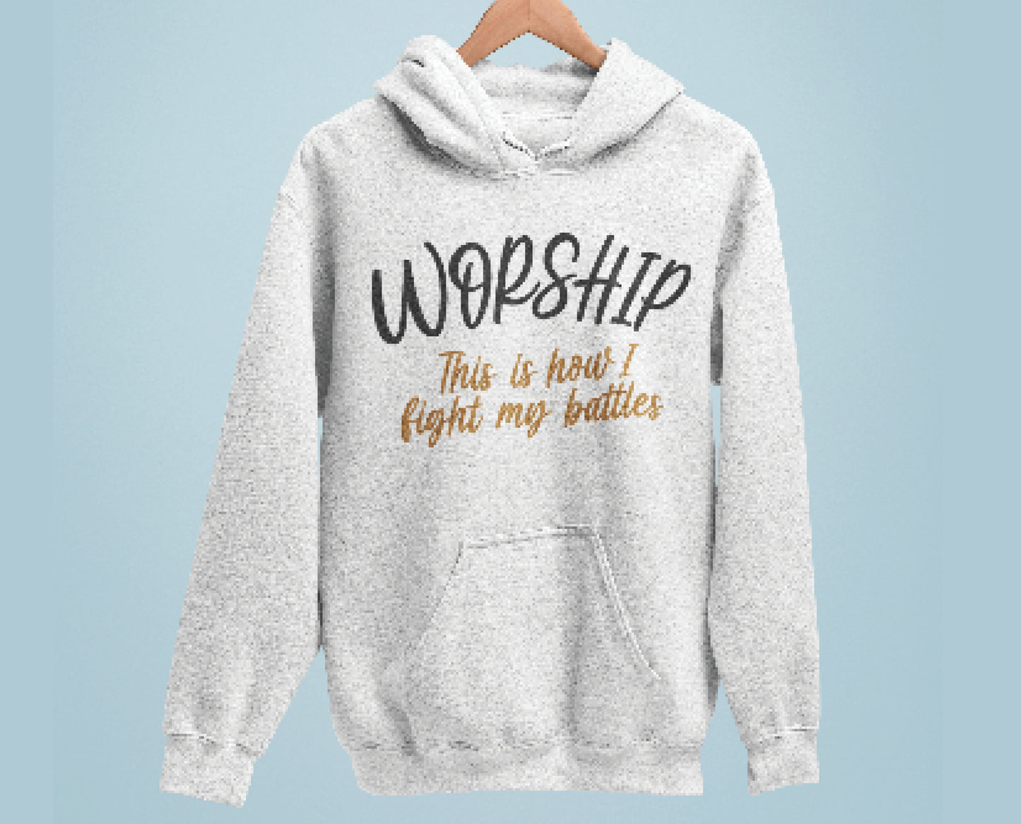 Worship This Is How I Fight My Battles Christian aesthetic design printed in charcoal and gold on cozy heather gray unisex hoodie for women and men, great gift for worship leaders