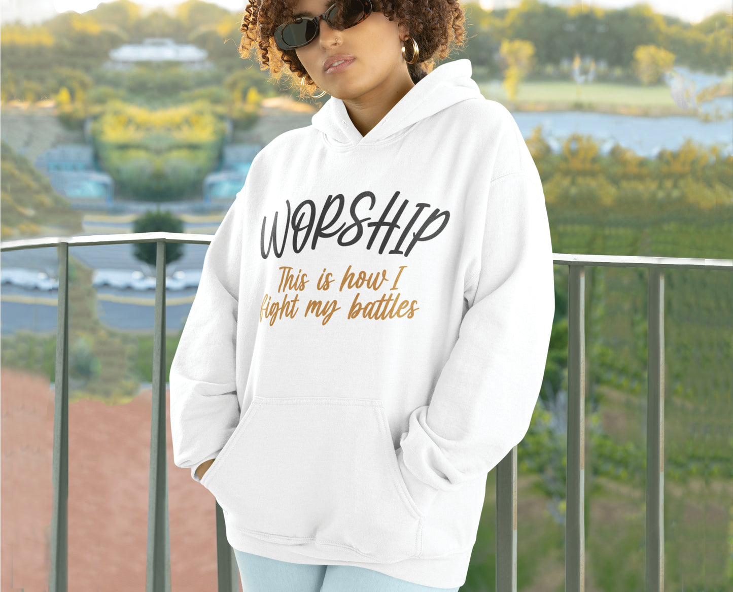 Worship This Is How I Fight My Battles Christian aesthetic design printed in charcoal and gold on cozy white unisex hoodie for women and men, great gift for worship leaders